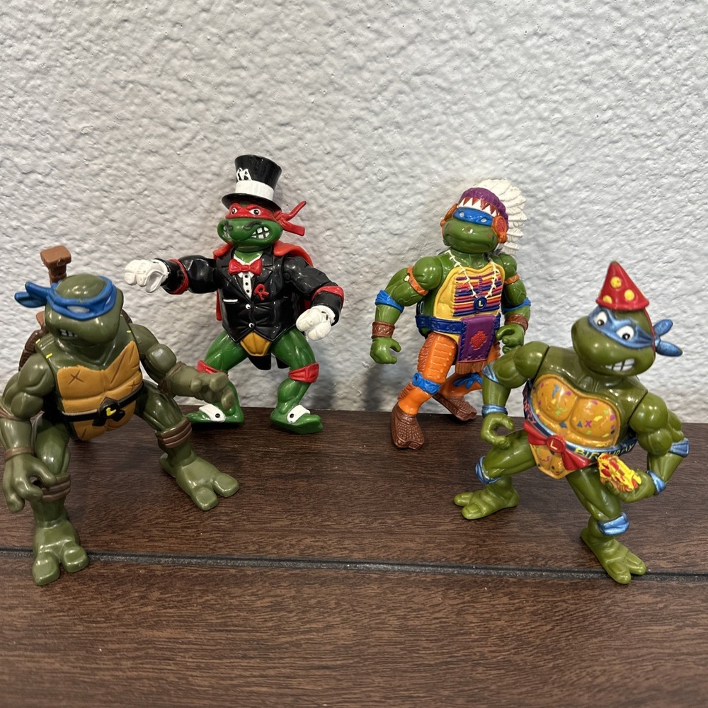 Vintage TMNT Action Figure Lot of 4 Playmates 1992 Chief Leo Party Caveman Loose